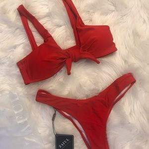 Zaful Front Tie Tomato Red Bikini